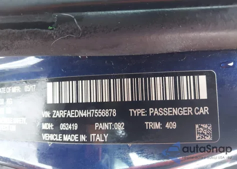 2017 Alfa Romeo Giulia Awd from USA, damaged, VIN ZARFAEDN4H7556878